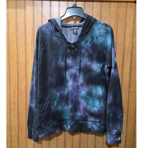 Hot Topic Tie Dye Hoodie Sz L Lace Up Pullover Sweatshirt Purple‎ Teal Boho